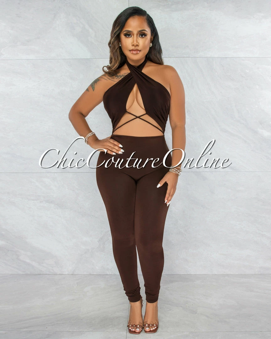 Vendor-unknown JUST IN Antle Brown Front Crossed Double Lined Jumpsuit