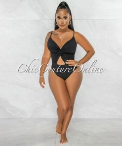 Chic Couture Online Viper Black Front Knot Key-Hole Ribbed Bodysuit JUST IN