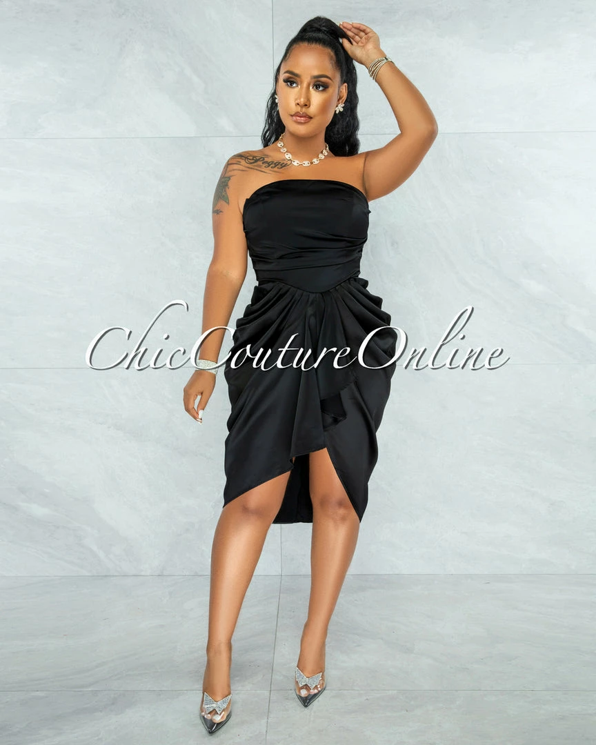 Chic Couture Online Esther Black Front Draped Hi-Lo Satin Midi Dress