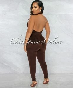 Vendor-unknown JUST IN Antle Brown Front Crossed Double Lined Jumpsuit