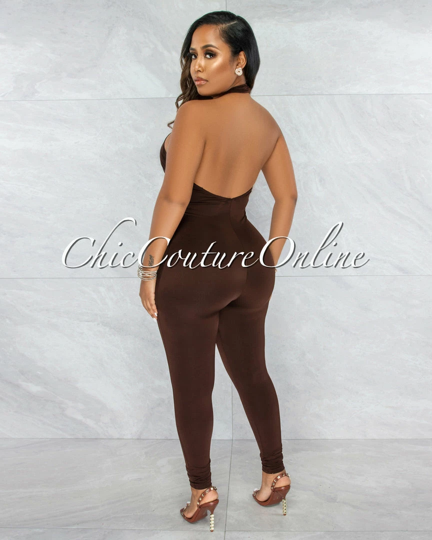 Vendor-unknown JUST IN Antle Brown Front Crossed Double Lined Jumpsuit