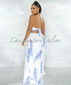 Chic Couture Online Nasha White Blue Palm Print Cut-Out Maxi Dress