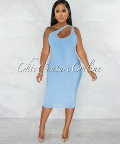 Chic Couture Online Abasi Baby Blue Key-Hole Double Lined Midi Dress