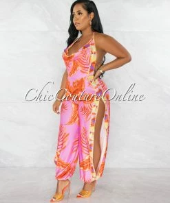 Chic Couture Online Cefania Pink Orange Print Cowl Neckline Leg Slits Jumpsuit JUST IN