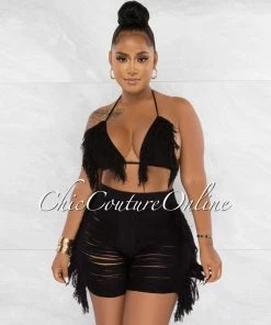 Chic Couture Online JUST IN Columbia Black Crochet Fringe Cover-Up Shorts Set