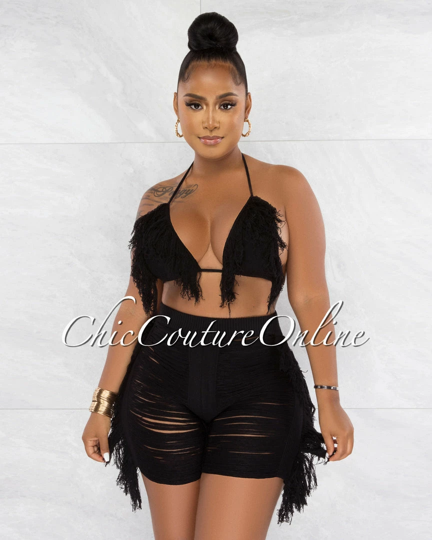 Chic Couture Online JUST IN Columbia Black Crochet Fringe Cover-Up Shorts Set