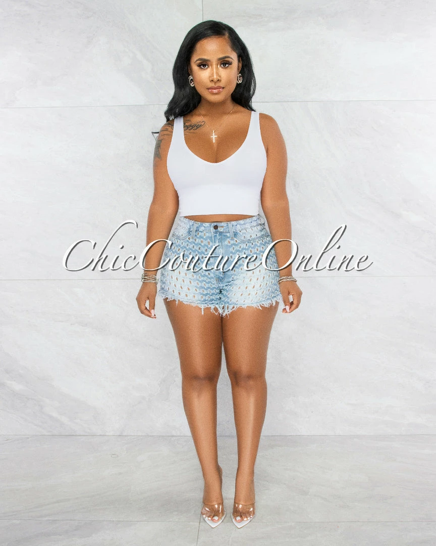 Vendor-unknown Missie Light Blue Denim See-Thru Perforated Shorts