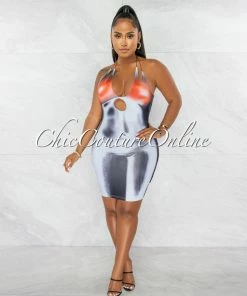 Chic Couture Online Lydia Black Grey Orange Print Bust Key-Hole Dress JUST IN