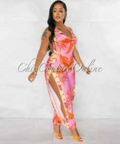 Chic Couture Online Cefania Pink Orange Print Cowl Neckline Leg Slits Jumpsuit JUST IN