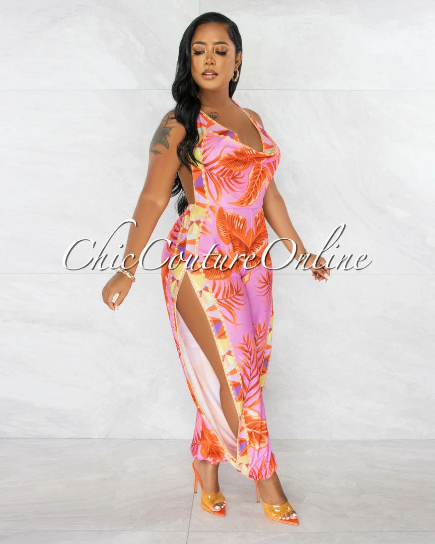 Chic Couture Online Cefania Pink Orange Print Cowl Neckline Leg Slits Jumpsuit JUST IN