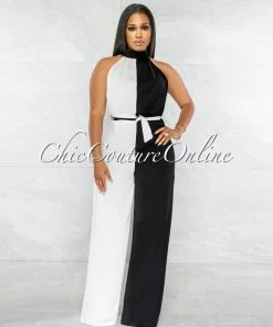 Vendor-unknown JUST IN Jaegar Black White Two-Tone Halter Jumpsuit