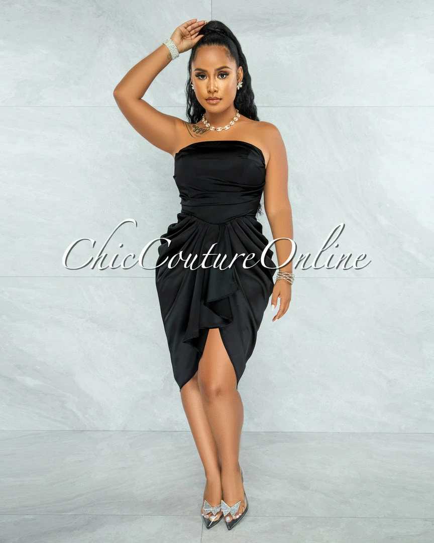 Chic Couture Online Esther Black Front Draped Hi-Lo Satin Midi Dress