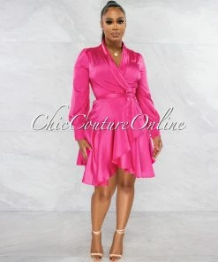 Chic Couture Online Eloyda Hot Pink Wrap High Low Ruffle Dress