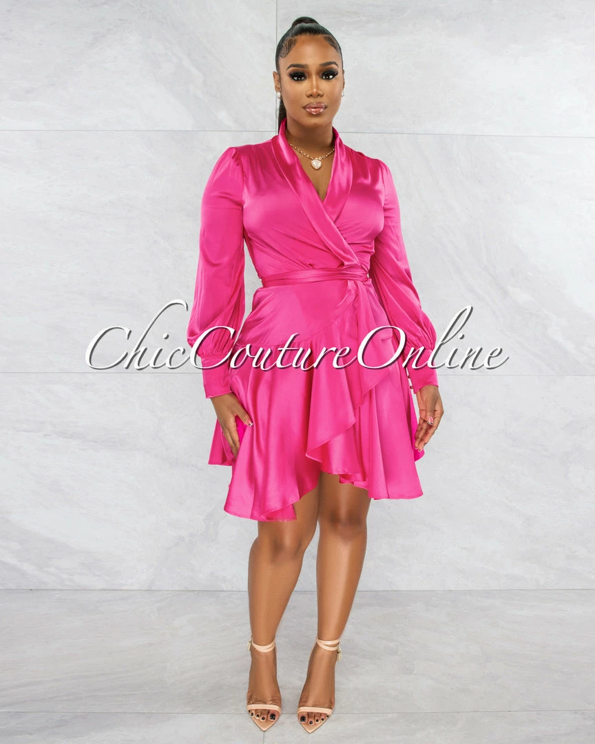 Chic Couture Online Eloyda Hot Pink Wrap High Low Ruffle Dress