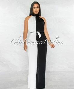 Vendor-unknown JUST IN Jaegar Black White Two-Tone Halter Jumpsuit