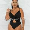 Chic Couture Online Viper Black Front Knot Key-Hole Ribbed Bodysuit JUST IN