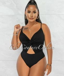 Chic Couture Online Viper Black Front Knot Key-Hole Ribbed Bodysuit JUST IN