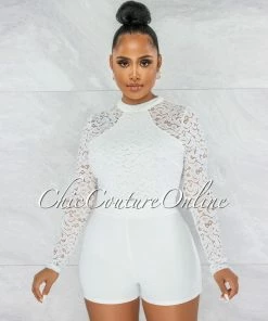 Vendor-unknown JUST IN Lola White Lace Sheer Sleeves Romper