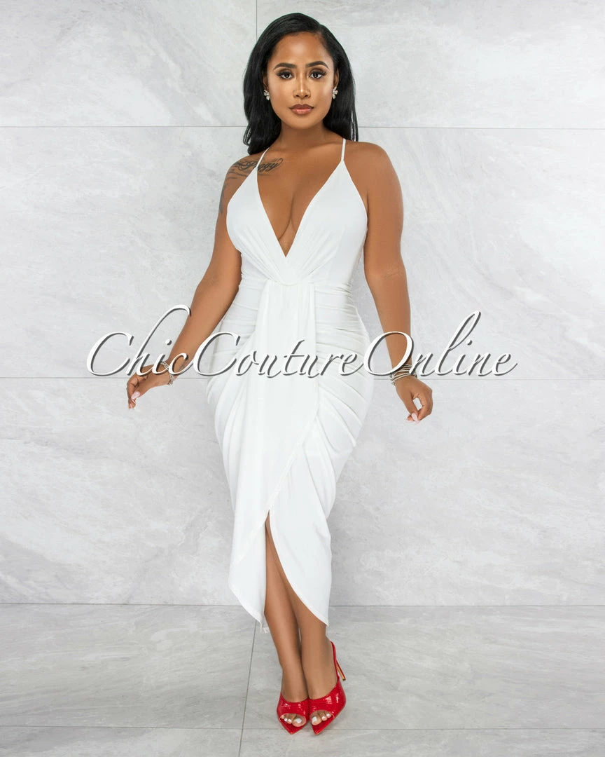 Vendor-unknown Moryn Off-White Draped Front Maxi Dress