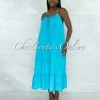 Vendor-unknown Nassar Turquoise Braid Straps Ruffle Hem Maxi LINEN Dress