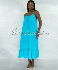 Vendor-unknown Nassar Turquoise Braid Straps Ruffle Hem Maxi LINEN Dress