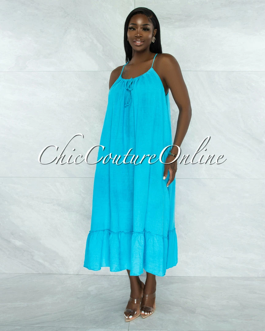 Vendor-unknown Nassar Turquoise Braid Straps Ruffle Hem Maxi LINEN Dress
