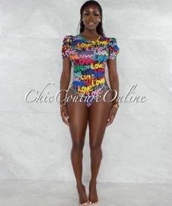 Vendor-unknown JUST IN Harsha Black Multi-Color Love Graffiti Print Bodysuit