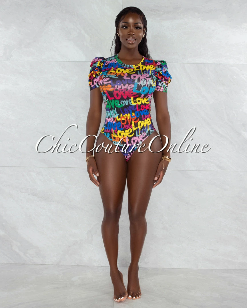 Vendor-unknown JUST IN Harsha Black Multi-Color Love Graffiti Print Bodysuit