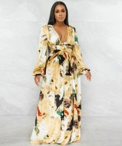 Vendor-unknown JUST IN Deedra Nude Brown Print O-Ring Cut-Out Maxi Dress