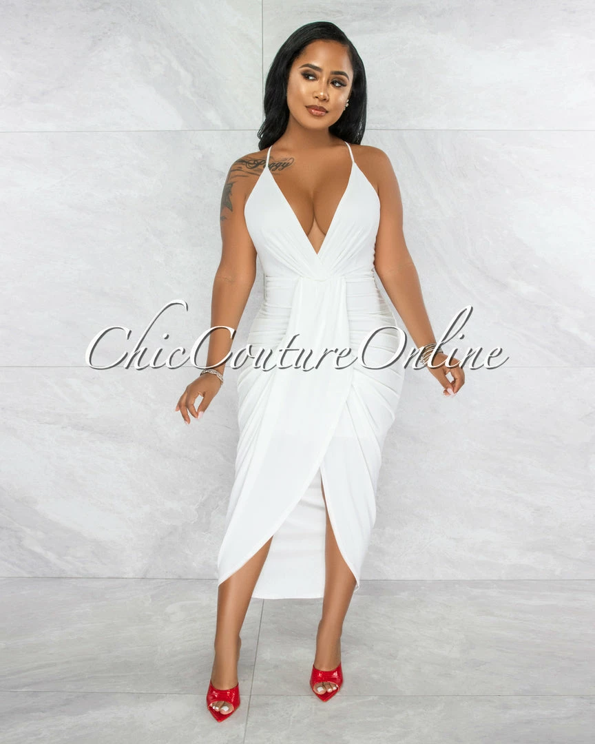 Vendor-unknown Moryn Off-White Draped Front Maxi Dress