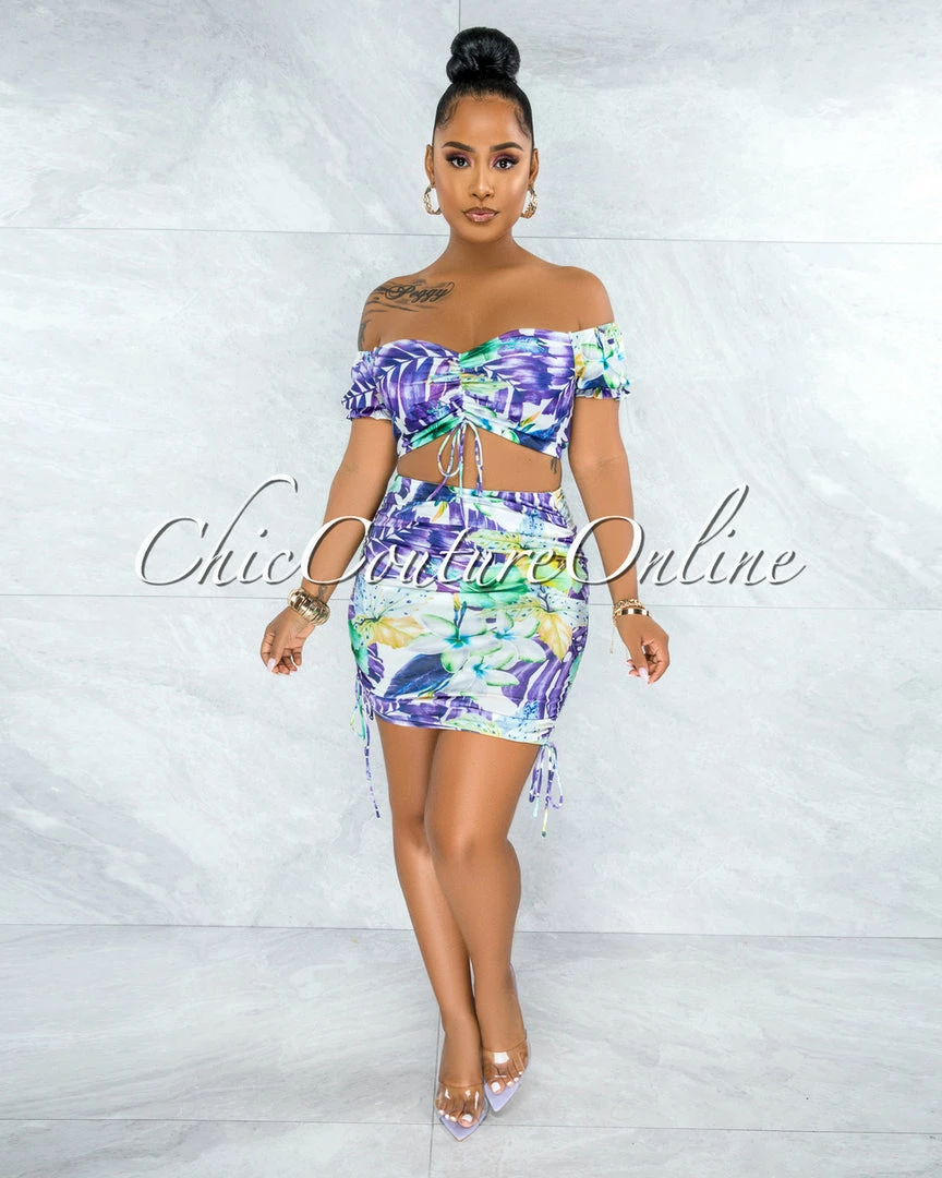 Vendor-unknown Almarine Purple Multi-Color Print Crop Top & Ruched Skirt Set JUST IN