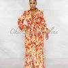 Chic Couture Online JUST IN Joelle Yellow Orange Print Cut-Out Pleated Maxi Dress