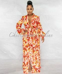 Chic Couture Online JUST IN Joelle Yellow Orange Print Cut-Out Pleated Maxi Dress