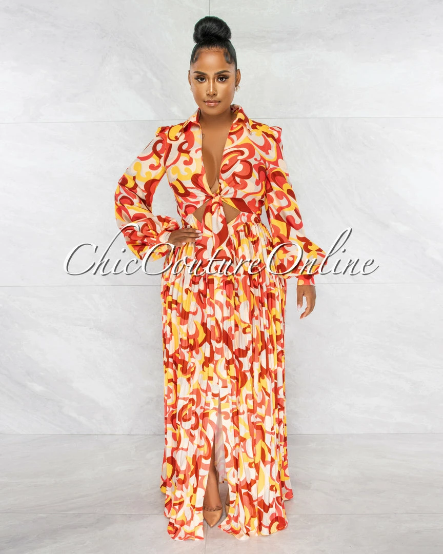 Chic Couture Online JUST IN Joelle Yellow Orange Print Cut-Out Pleated Maxi Dress
