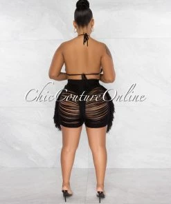 Chic Couture Online JUST IN Columbia Black Crochet Fringe Cover-Up Shorts Set