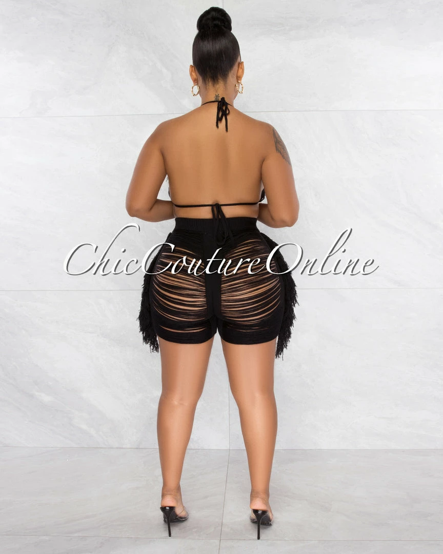 Chic Couture Online JUST IN Columbia Black Crochet Fringe Cover-Up Shorts Set