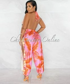 Chic Couture Online Cefania Pink Orange Print Cowl Neckline Leg Slits Jumpsuit JUST IN