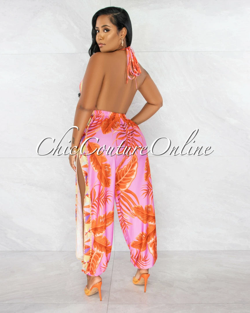 Chic Couture Online Cefania Pink Orange Print Cowl Neckline Leg Slits Jumpsuit JUST IN