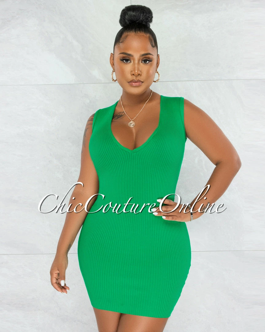 Chic Couture Online Chandler Green Deep V Neck Ribbed Dress JUST IN