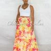 Chic Couture Online Mermada Coral Yellow Leaf Print Maxi Skirt JUST IN
