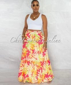Chic Couture Online Mermada Coral Yellow Leaf Print Maxi Skirt JUST IN