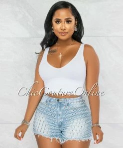 Vendor-unknown Missie Light Blue Denim See-Thru Perforated Shorts