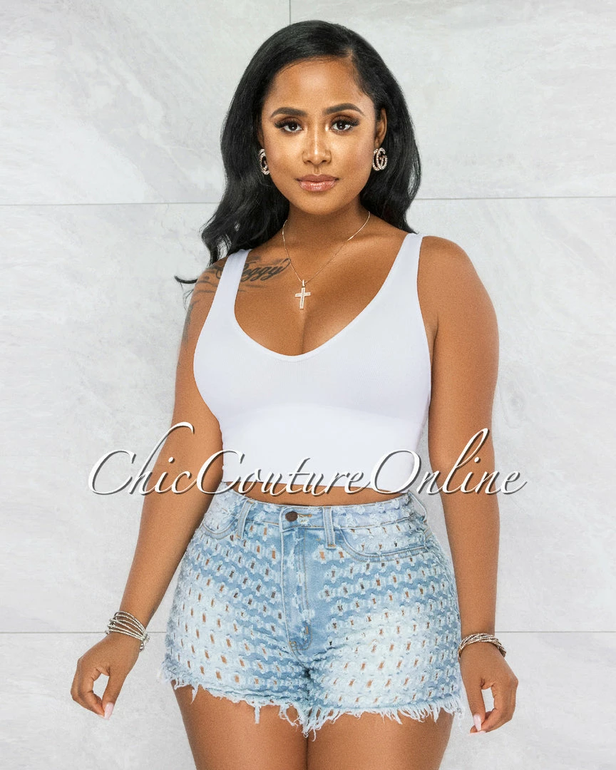 Vendor-unknown Missie Light Blue Denim See-Thru Perforated Shorts