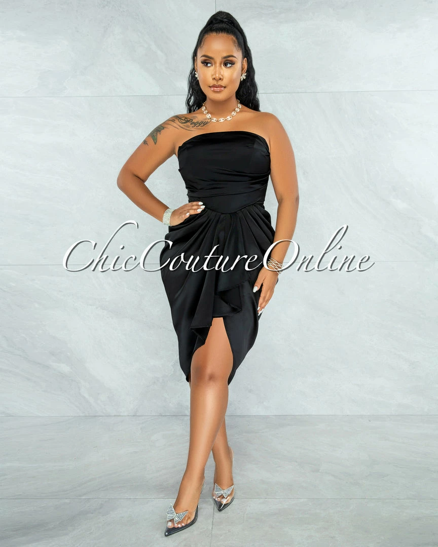 Chic Couture Online Esther Black Front Draped Hi-Lo Satin Midi Dress
