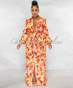 Chic Couture Online JUST IN Joelle Yellow Orange Print Cut-Out Pleated Maxi Dress