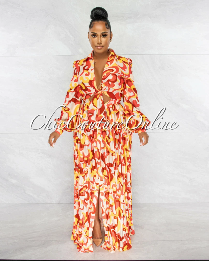 Chic Couture Online JUST IN Joelle Yellow Orange Print Cut-Out Pleated Maxi Dress