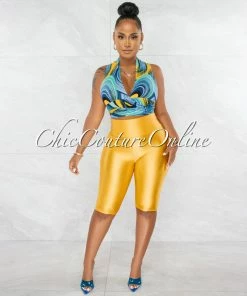 Chic Couture Online Crissie Blue Print Tie Top & Yellow Biker Shorts Set