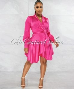 Chic Couture Online Eloyda Hot Pink Wrap High Low Ruffle Dress