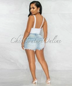 Vendor-unknown Missie Light Blue Denim See-Thru Perforated Shorts