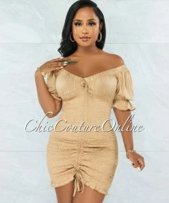 Vendor-unknown Chike Nude Smocked Ruched Dress JUST IN